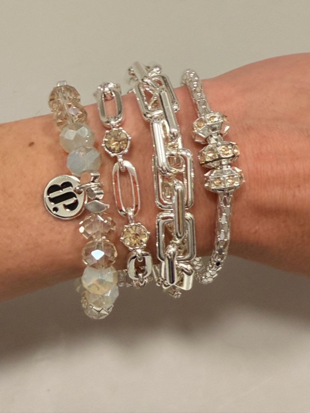 BOMB PARTY!! Silver-Tone Beaded & Chain Bracelet Stack with Champagne Beads - Picture 9 of 10